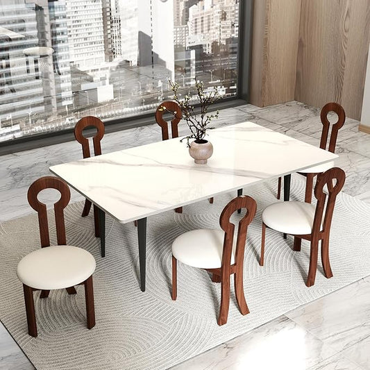 Wooden Dining Chairs Set of 6 Upholstered Kitchen & Dining Room Sherpa Chairs, Mid Century Modern Dining Chairs White with Walnut Legs