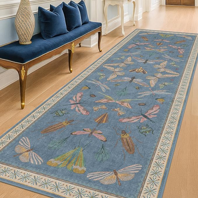 Blue Insect 2'6'' Wide 8' Long Hallway Runner Rug - Washable Kitchen Sink Rug, Non Slip Runner Rug for Entryway, Colorful Vintage Print Home Décor