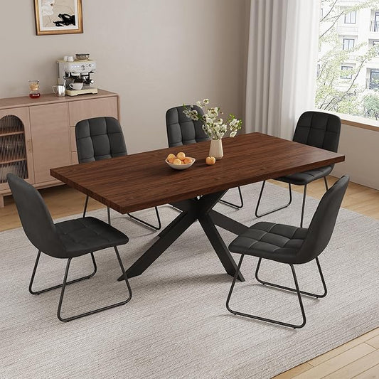ZckyCine 7-Piece Dining Table Set with 51"-67" Extendable Walnut Wood Table and 6 PU Leather Chairs, Modern Rectangular Kitchen Table Set with Metal Legs, Seats 6, Easy Assembly