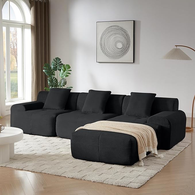 Cilee 113" Modular Sectional Sofa, Cloud Couch with Deep Seat, L-Shape Boneless Sofa, 3 Seat Memory Foam Sofa, No Assembly Required, Upholstered Couch for Living Room, Movable Ottoman, Corduroy, Black