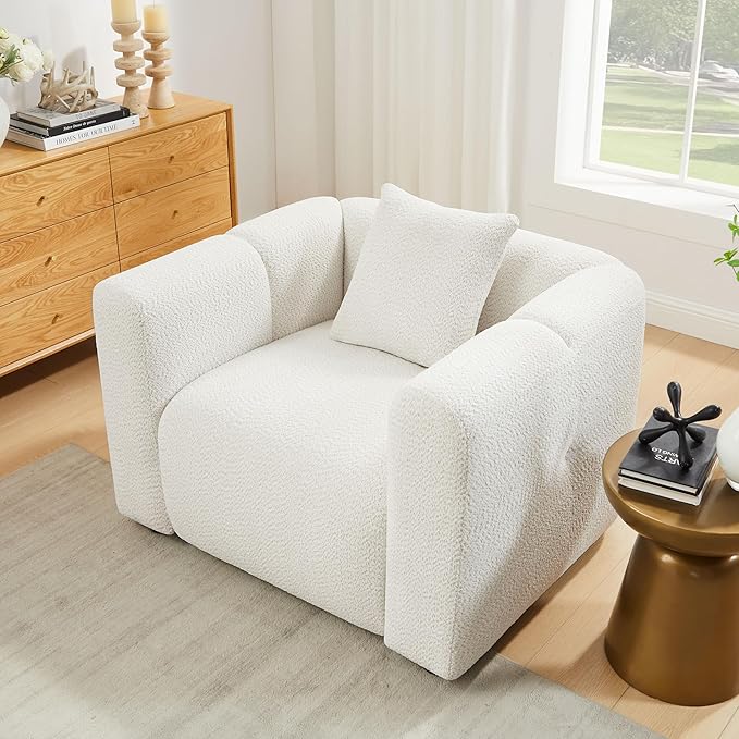 VANOMi 42" Width Accent Chair for Living Room, Modern Lounge Chair with Pillow, Comfy Upholstered Boucle Single Sofa Chair for Living Room (White)