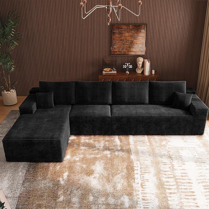 3-Piece Boneless Modular Sectional Sofa, Cloud Couch with Left Facing Chaise, Oversized Deep Seat, Soft Corduroy Fabric, Sectional Couch for Living Room-Black