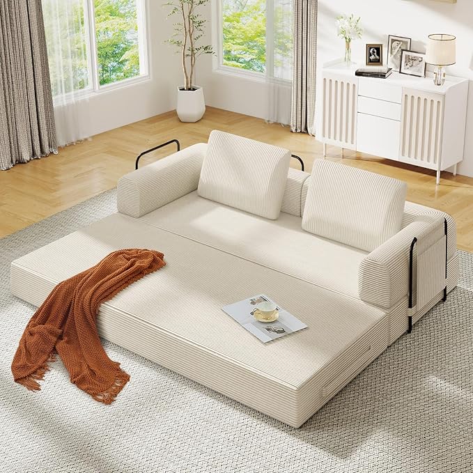 Antetek Convertible Sofa Bed, Comfy Corduroy Fluffy Love seat Sleeper Sofa, 5 in 1 Folding Couch Bed, Fold Out Floor Couch with Pillows for Bedroom, Living Room, Office, Pinstripe, Beige