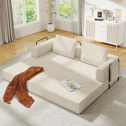Antetek Convertible Sofa Bed, Comfy Corduroy Fluffy Love seat Sleeper Sofa, 5 in 1 Folding Couch Bed, Fold Out Floor Couch with Pillows for Bedroom, Living Room, Office, Pinstripe, Beige