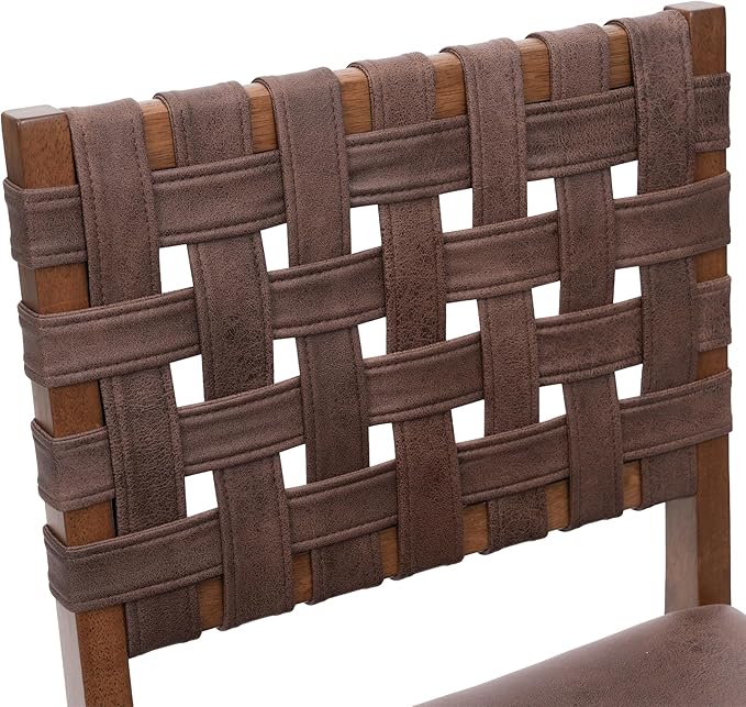 Woven Faux Leather Dining Chairs Set of 2, Farmhouse Upholstered Kitchen Chairs with Wooden Legs Armless Accent Side Chairs for Dining Room/Restaurant, Brown