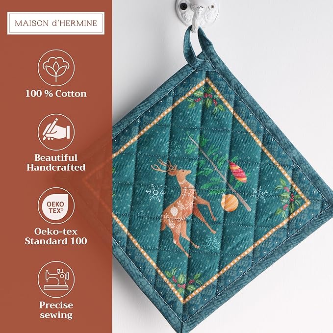 Maison d' Hermine Pot Holders Set 100% Cotton Heat Resistant Potholders 8" x 8" Hot Pads with Loop for Thanksgiving Christmas Decorations BBQ Baking Handling Hot Pans (Pack of 2, Hygge Christmas)