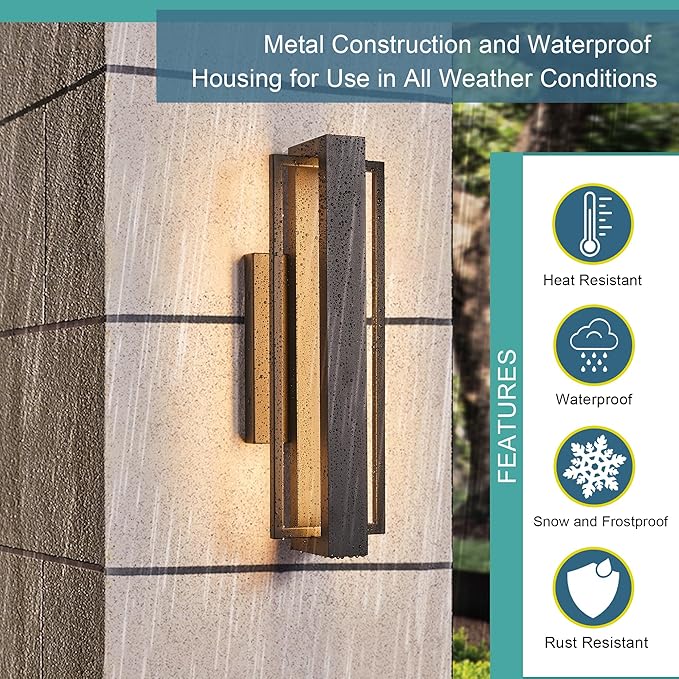 Double Square Frame Outdoor LED Wall Light, 15 Inch Textured Black Wall Sconce, Sleek Modern Light Fixture, Integrated LED 3000K 16W, Outside Lights for Patio, Porch, Front Door or Garage