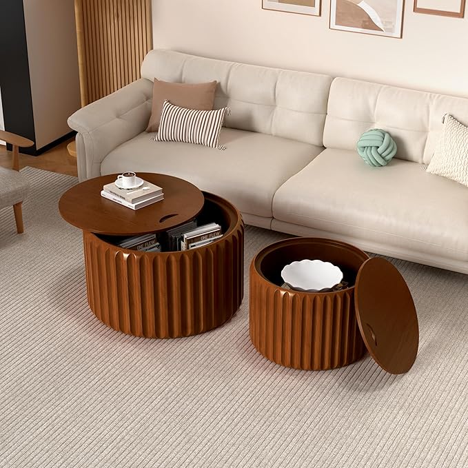 Round Nesting Coffee Table Set of 2, Round Fluted Coffee Tables with Storage for Living Room Modern Nesting End Side Tables for Small Spaces (A Storage Walnut)