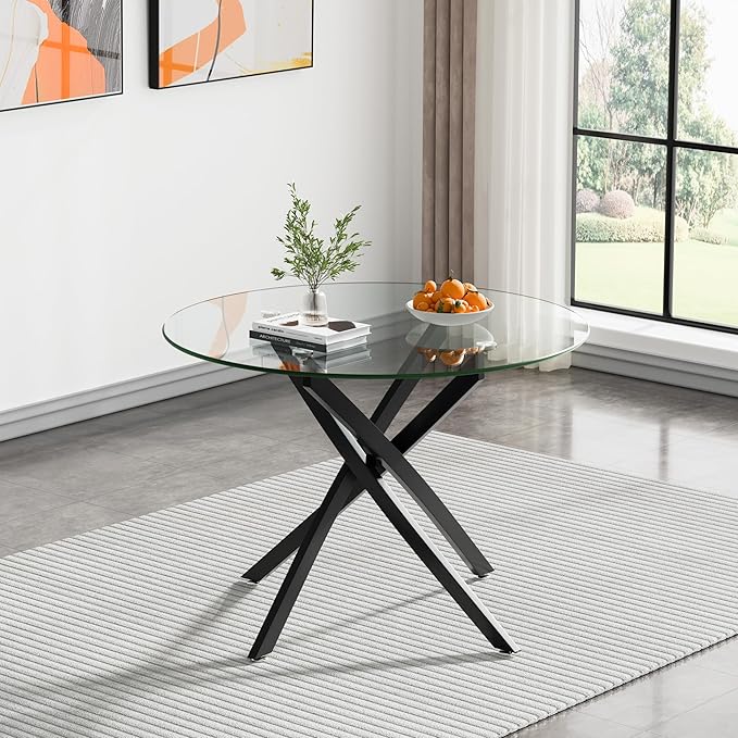 36" Round Glass Dining Room Table for 4 with Tempered Glass Top and Black Metal Legs, Modern Clear Kitchen and Dinner Table for Home Office Dining Room