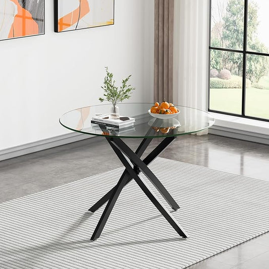 36" Round Glass Dining Room Table for 4 with Tempered Glass Top and Black Metal Legs, Modern Clear Kitchen and Dinner Table for Home Office Dining Room