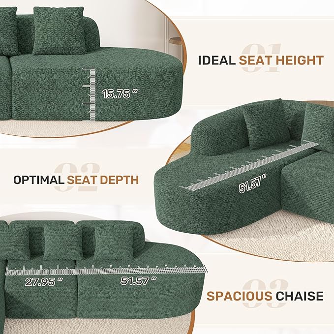 114 Inch Boneless Couches for Living Room,Modern Modular Sectional Sofa with Chaise,L-Shape Cloud Sectional Couch,No Assembly Required,Green