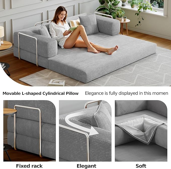 Compressed Sleeper sofa bed,Convertible Floor Boneless Couch-With Comfy Pillow,Modular Modern Corduroy Sofa for living room Bedroom Lounge Studio-With Fixed-shape Frame and support Armrest(Grey)