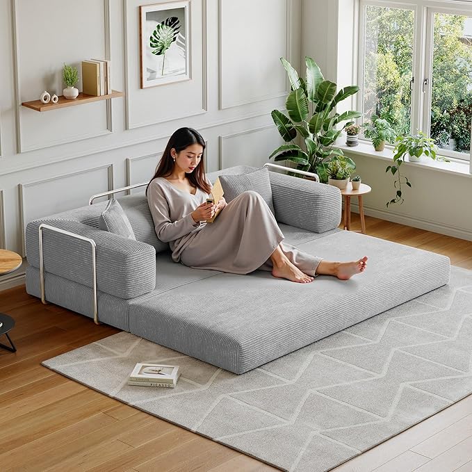 98.4''Convertible Sleeper Sofa Bed,Compressed Floor Boneless Couch,Modular Modern Corduroy Sofa for Living Room Bedroom -with Fixed-Shape Frame and Support Armrest,Easy Assembly(Grey)