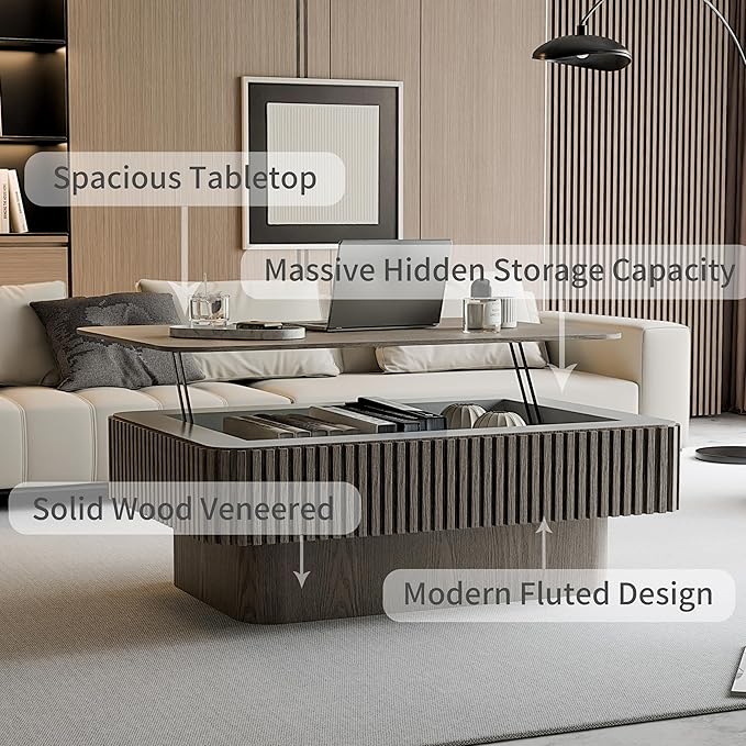 38.6" Lift Top Coffee Table with Storage, Fluted Coffee Table with Solid Wood Veneered, Mid Century Modern Wooden Center Table, Accent Tea Table for Living Room Apartment, Grey