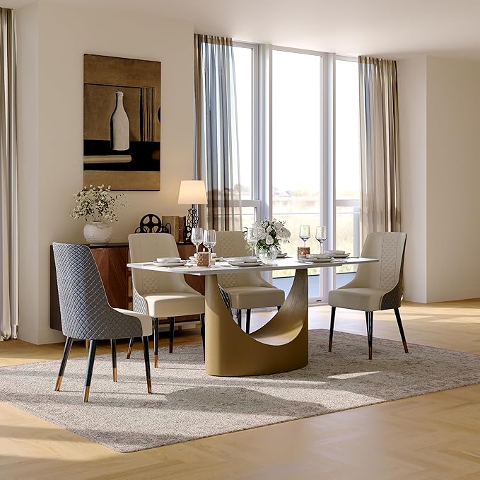 POVISON 71" Hobart Modern Dining Table for 6-8, Matte White Dining Table Sintered Stone Dining Tabletop with Bronze Carbon Steel Pedestal for Dining Room (Table Only)