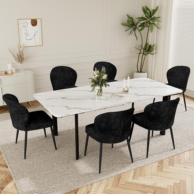 Dining Chairs Set of 4, Modern Fabric Dining Room Chairs with Curved Backrest Well-Padded Seat, Upholstered Kitchen Chairs for Living Dining Room, Black