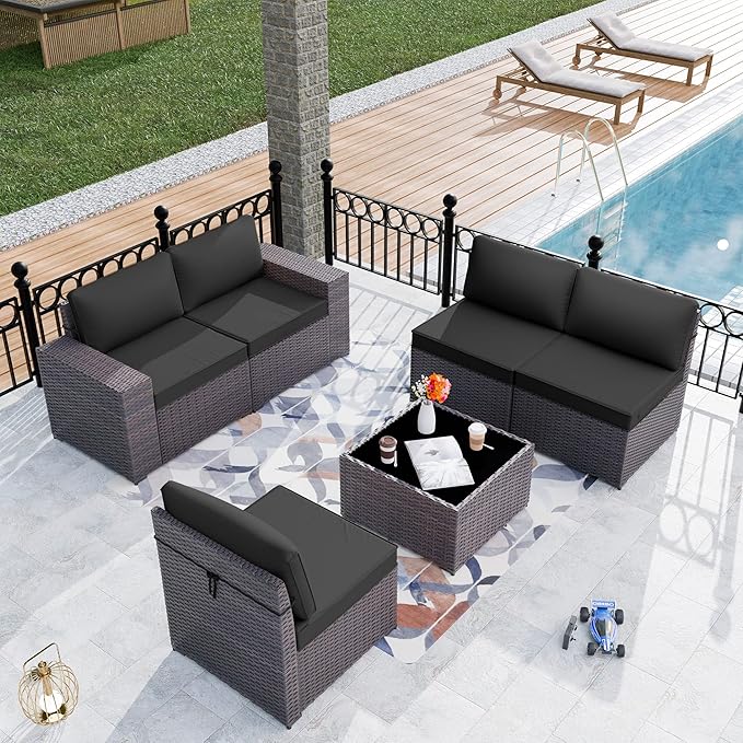 Kurapika 6 Pieces Patio Furniture Set, Rattan Wicker Outdoor Conversation Sets w/4 Inch Cushion and Glass Coffee Table(Black)