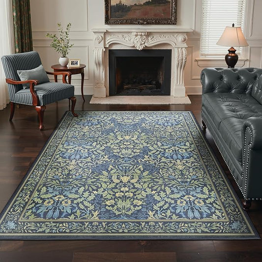 GENIMO 5x7 Washable Area Rug, Non-Slip Vintage Boho Floral Carpet, Soft Low-Pile Thin Bedroom Rug for Living Room, Dining Room, Nursery, Dark Blue