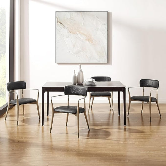 Art Leon Dining Chairs Set of 4 - Mid Century Modern Dining Room Chairs, Faux Leather Upholstered Accent Arm Chair with Open Backrest, Wishbone Chair with Wood Legs, Black, CC084