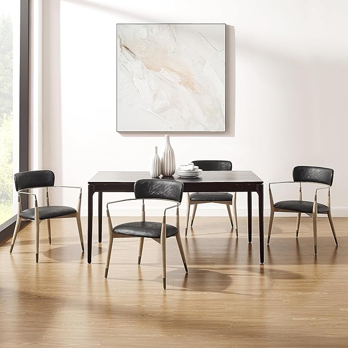 Art Leon Dining Chairs Set of 2 - Mid Century Modern Dining Room Chairs, Faux Leather Upholstered Accent Chair with Open Backrest, Wishbone Chair with Wood Legs, Black