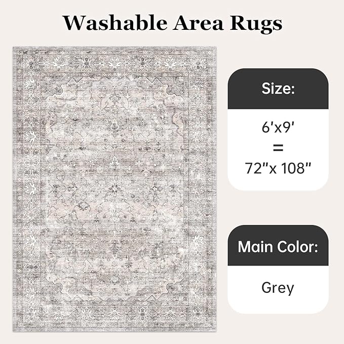 Neutral Modern Area Rugs 6x9 Machine Washable Living Room Rug Non Slip with Rubber Backing Soft Faux Fur Low Pile Stain Resistant Boho Floral Carpet Rugs for Bedroom Dining Room Kids Room Office,Grey