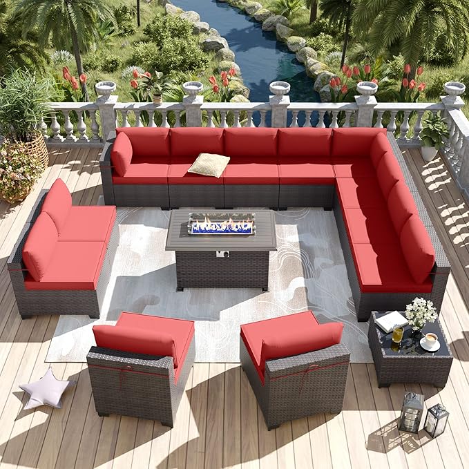 Kurapika 14 Pieces Patio Furniture Set, Rattan Wicker Outdoor Conversation Sets w/43in Propane Fire Pit Table and 4 Inch Cushion(Red)