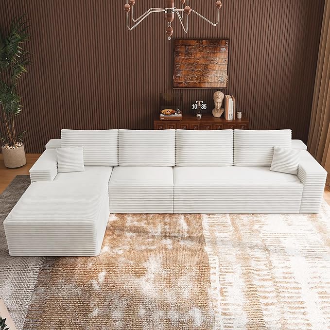 3-Piece Boneless Modular Sectional Sofa, Cloud Couch with Left Facing Chaise, Oversized Deep Seat, Soft Corduroy Fabric, Sectional Couch for Living Room-White