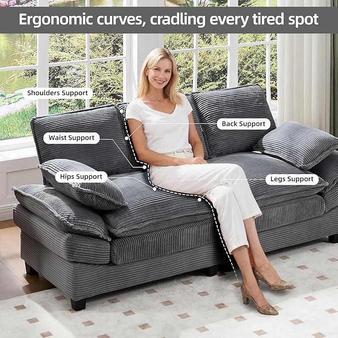 83" Loveseat Sofa, Cloud Couches for Living Room, Comfy Corduroy Couch with Deep Seat, Love Seat Couches for Bedroom, Apartment and Office, Easy Assemble for Small Space (Grey)