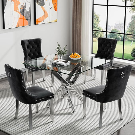 Goujxcy Glass Dining Table Set for 4, Modern Kitchen Table and Chairs Set of 4, 5-Piece Kitchen Dining Room Table Set w/36 Square Silver Glass Dining Table and 4 Black Velvet Upholstered Chairs