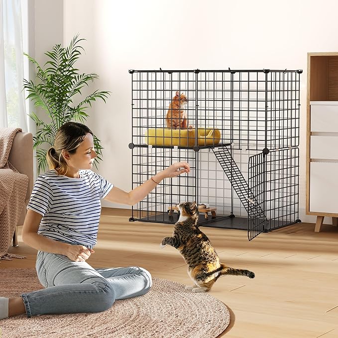 YITAHOME 2 Tier Cat Cage Indoor, Kitten Kennel Condo DIY Pet Playpen with Ladder for Small Animals Puppy Rabbit Bunny Squirrel