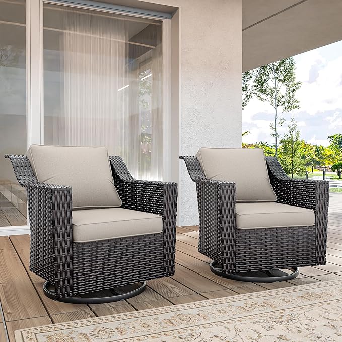 Outdoor Swivel Chairs Set of 2, Luxury Wicker Patio Chair with Wide Armrest, Thickened Cushions, Outdoor Rattan Furniture for Deck, Porch Use