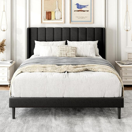 Full Size Bed Frame with Upholstered Wingback Headboard, Easy Assemnly Platform Bed, Wooden Slat Support No Box Spring Needed, Dark Gray
