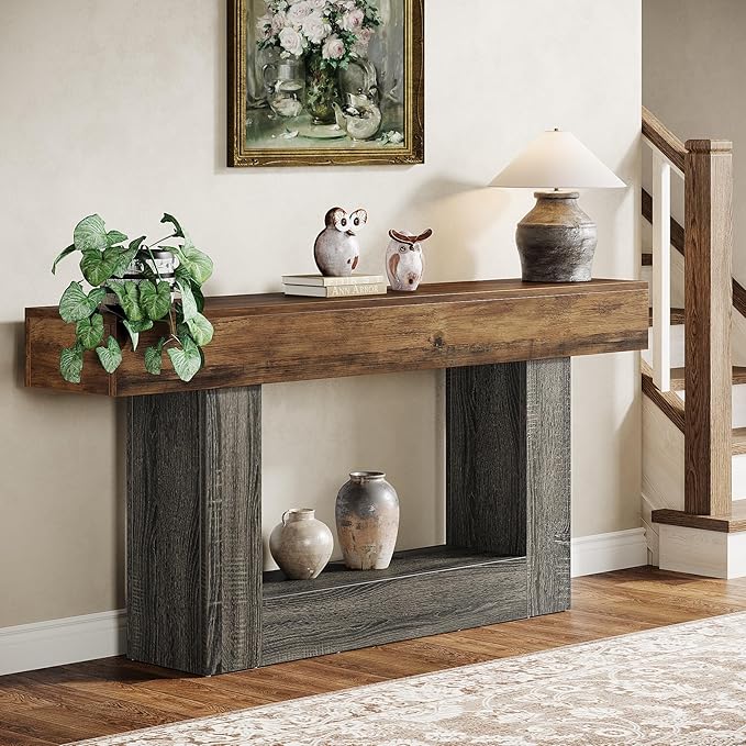 Tribesigns 63" Console Table, Farmhouse 2-Tier Entryway Table with U-Shaped Base, Narrow Long Wood Sofa Table Behind Couch Table for Living Room, Hallway, Foyer, Vintage Brown & Gray