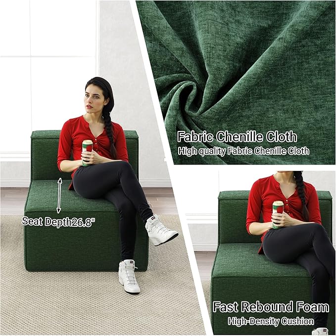38“ Modular Sectional Sofa Convertible Cube Thick Couch Seat Set, Combine L-Shaped U-Shaped, Free Assembly, Space-Saving for Living Room, Fabric Chenille Green (Only Armless)