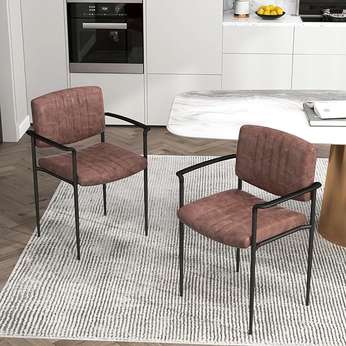 Mid-Century Modern PU Leather Dining Chairs Set of 6, Upholstered Kitchen Chairs with Arms and Metal Legs Adjustable Feet for Kitchen Dining Room(Brown)