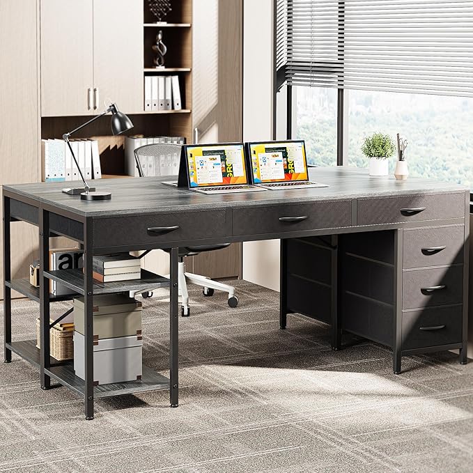 Huuger Computer Desk with 6 Drawers, 63 Inch Office Desk with Shelves, Reversible Gaming Desk, Corner Desk with Storage, for Home Office, Study, Living Room, Grey