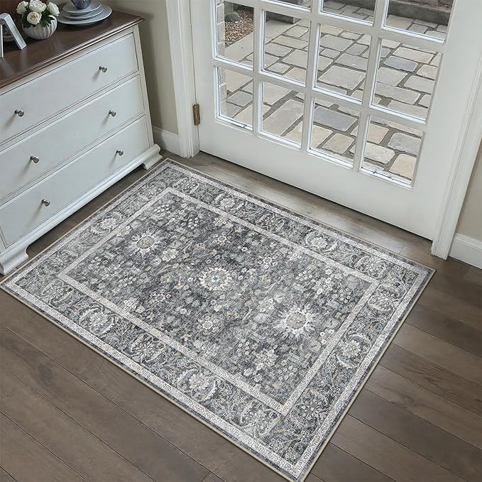 Blue 2x3 Entryway Area Rug Machine Washable Door Mat Kitchen Vintage Distressed Non Slip Carpet Indoor Traditional Floral Accent Throw Small Rug for Bathroom Office Bedroom Living Dining Room