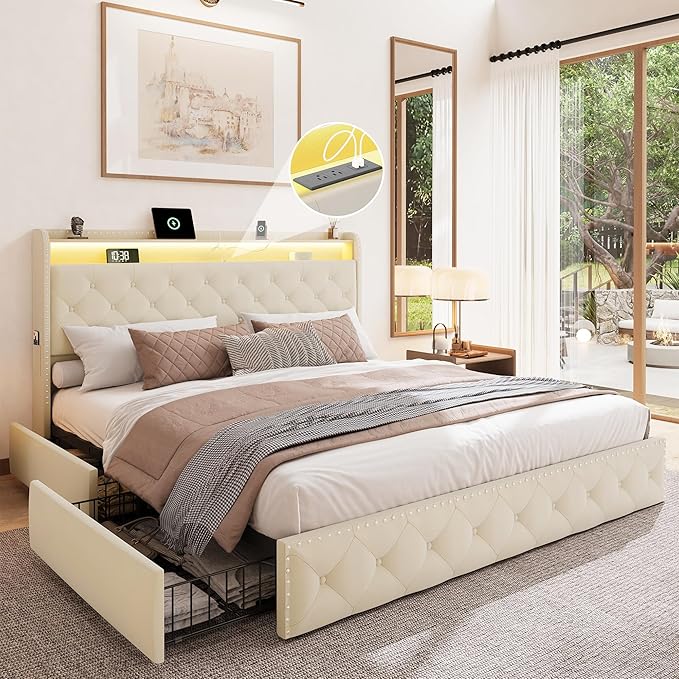 BRELTAM King Size Bed Frame with LED and Charging Station Upholstered Velvet Bed Frame with 4 Storage Drawers, Platform Bed Frame and Headboard Heavy Duty Wood Slats, Noise Free, Easy Assembly, Beige