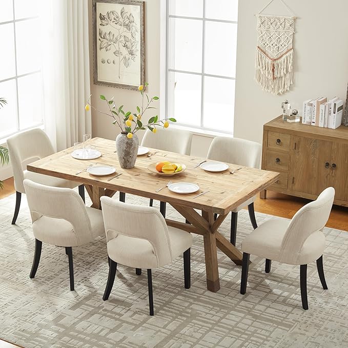 VKNOW Wooden Dining Chairs Set of 6, Modern Fabric Upholstered Dining Room Chair Kitchen Chairs, Farmhouse Dinner Chair for Kitchen Dining Room, Beige-Black Legs