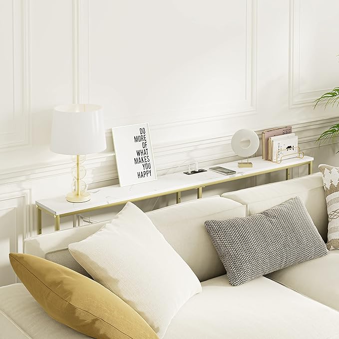 63 Inch Console Table with Power Outlet,Modern Narrow Long Sofa Table Behind Couch,Skinny Entry Table with Gold Metal Frame for Entryway,Living Room, Hallway,Marble White