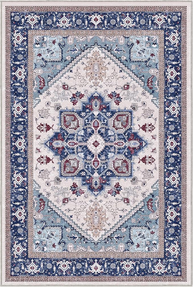 OPPODREAM Thin Area Rugs 5x7, 5x7 Washable Rug with Non Slip Backing, 5 x 7 Faux Cashmere Low-Pile Carpet, Navy Blue & Red & Cream
