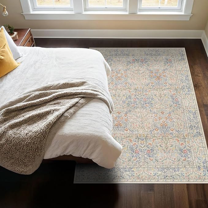 Boho Beige Blue Living Room Rug 6x8 - Vintage Retro Floral Paste Neutral, Washable Low Pile Non-Slip Large Area Rugs for Dining Under Table, Bedroom