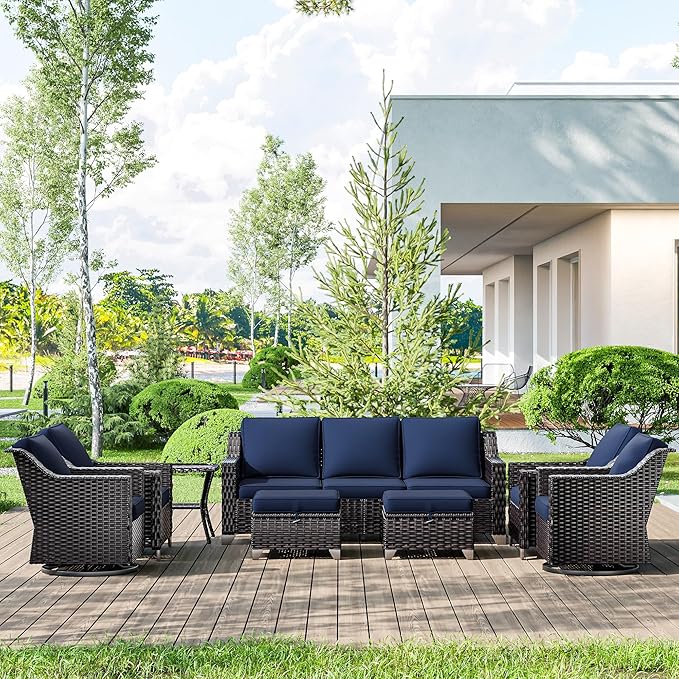 8 Pieces Wicker Patio Furniture, Luxury Outdoor Furniture with 2 Patio Swivel Chair, 2 Patio Chair, 3-Seater Sofa, 2 Patio Ottoman and 1 Side Table, Wide Armrest, Thickened Cushions