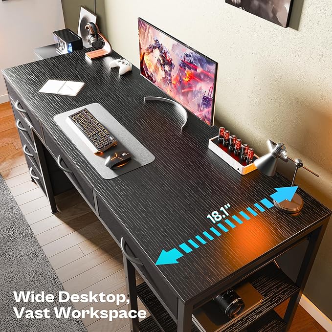 Huuger Computer Desk with 6 Drawers, 54 Inch Office Desk with Shelves, Reversible Gaming Desk, Corner Desk with Storage, Work for Home Office, Study, Living Room, Black