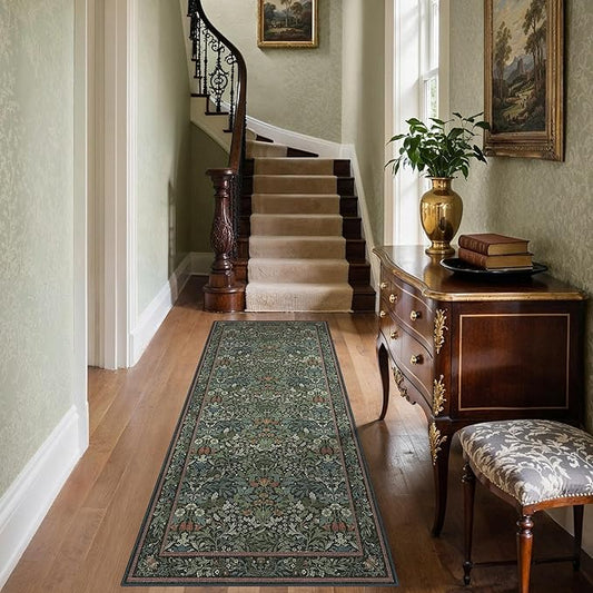 GENIMO Floral Washable Runner Rug 2’6”x6’, Non-Slip Long Hallway Carpet for Entryway, Kitchen, Indoor Floor Use, Vintage Boho Soft Thin Rug Décor, Dark Green