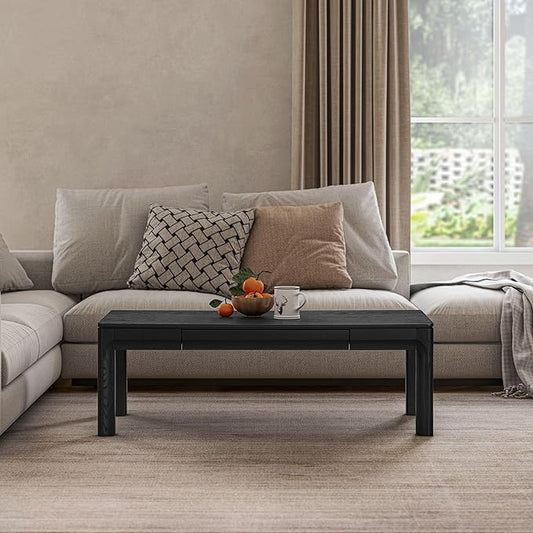 NTC Flow Modern Wooden Rectangle Coffee Table with Hidden Drawer – Waterproof & Heat Resistant, Burnt Black