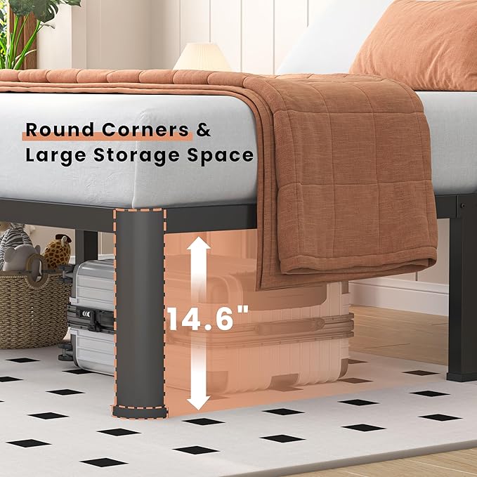 16 Inch King Heavy Duty 3500 lbs Bed Frame with Round-Corner Legs & Anti-Squeak Design – Quick Assembly Metal Platform, No Box Spring Needed