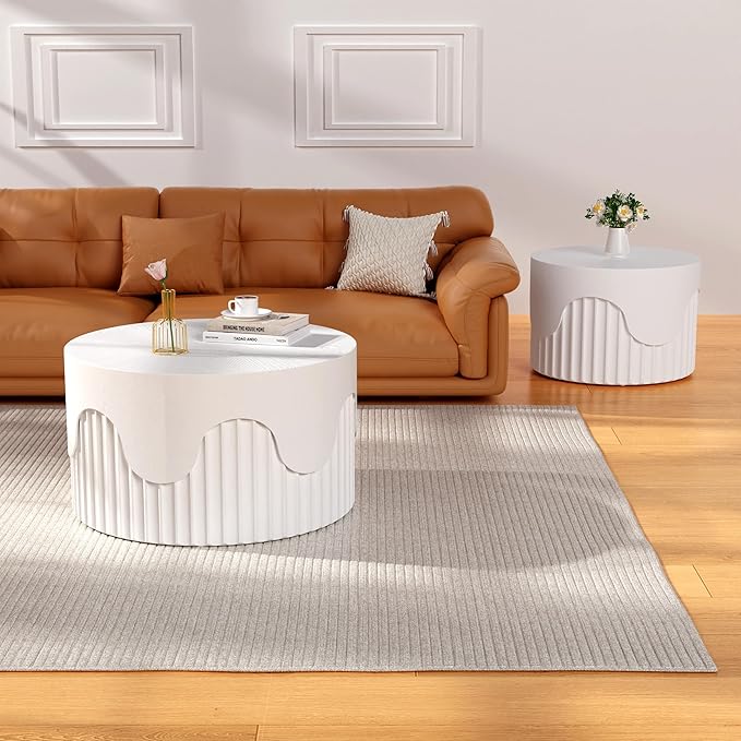 Round Nesting Coffee Table Set of 2, Round Fluted Coffee Tables for Living Room Modern Nesting End Side Tables for Small Spaces (E White)