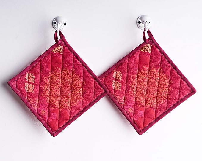 Maison d' Hermine Pot Holders Set 100% Cotton Heat Resistant Potholders 8" x 8" Hot Pads with Loop for Thanksgiving Christmas Decorations BBQ Cooking Baking Handling Hot Pans (Pack of 2, Versailles)