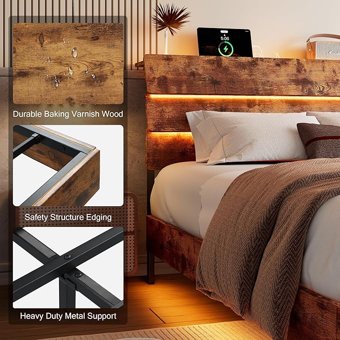 Floating Bed Frame King Size with Led Headboard and Charging Station, Metal Platform Bed Base with Storage, Remote Control, Heavy Slats Support, No Box Spring Needed, Noise Free, Vintage Brown